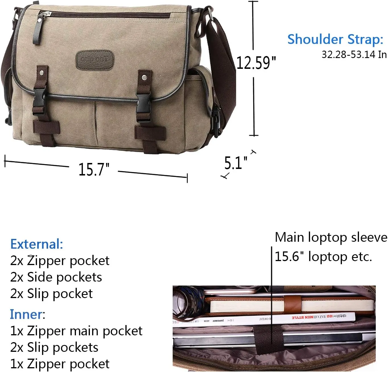 [Upgraded] Vintage Canvas Messenger Bag Large Book Laptop Shoulder Bag Women Men New