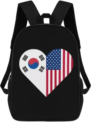 US And South Korean Flag Printed 17 Inch Backpack Multipurpose Large-capacity Shoulders Daypacks Laptop Bag for Travel Hiking Camping 12.5 X 17 X 5.5 Inch
