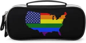 US Gay Pirde Rainbow Map Flag Pencil Case with Handle Portable Pencil Storage Pouch Bag Stationery Organizer