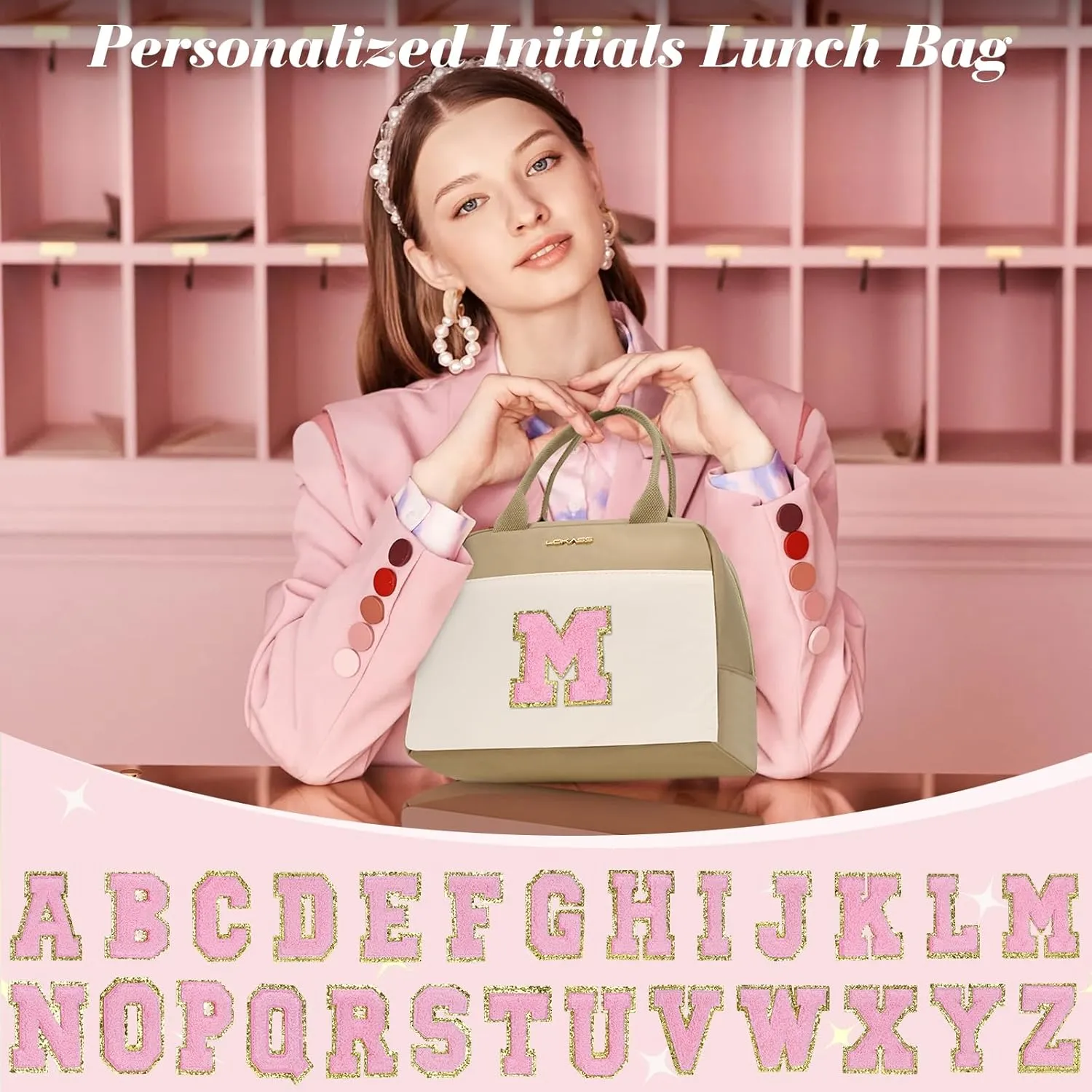 UTOTEBAG Initial Lunch Bag for Women, Preppy Insulated Lunch Box with Front Pocket-Small Wide Open Cute Cooler Bag for Work/Travel/Picnic, Personalized Gifts for Mom Girlfriend Daughter（Letter I）