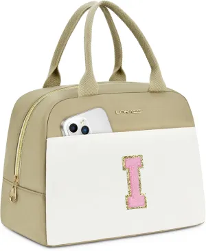 UTOTEBAG Initial Lunch Bag for Women, Preppy Insulated Lunch Box with Front Pocket-Small Wide Open Cute Cooler Bag for Work/Travel/Picnic, Personalized Gifts for Mom Girlfriend Daughter（Letter I）