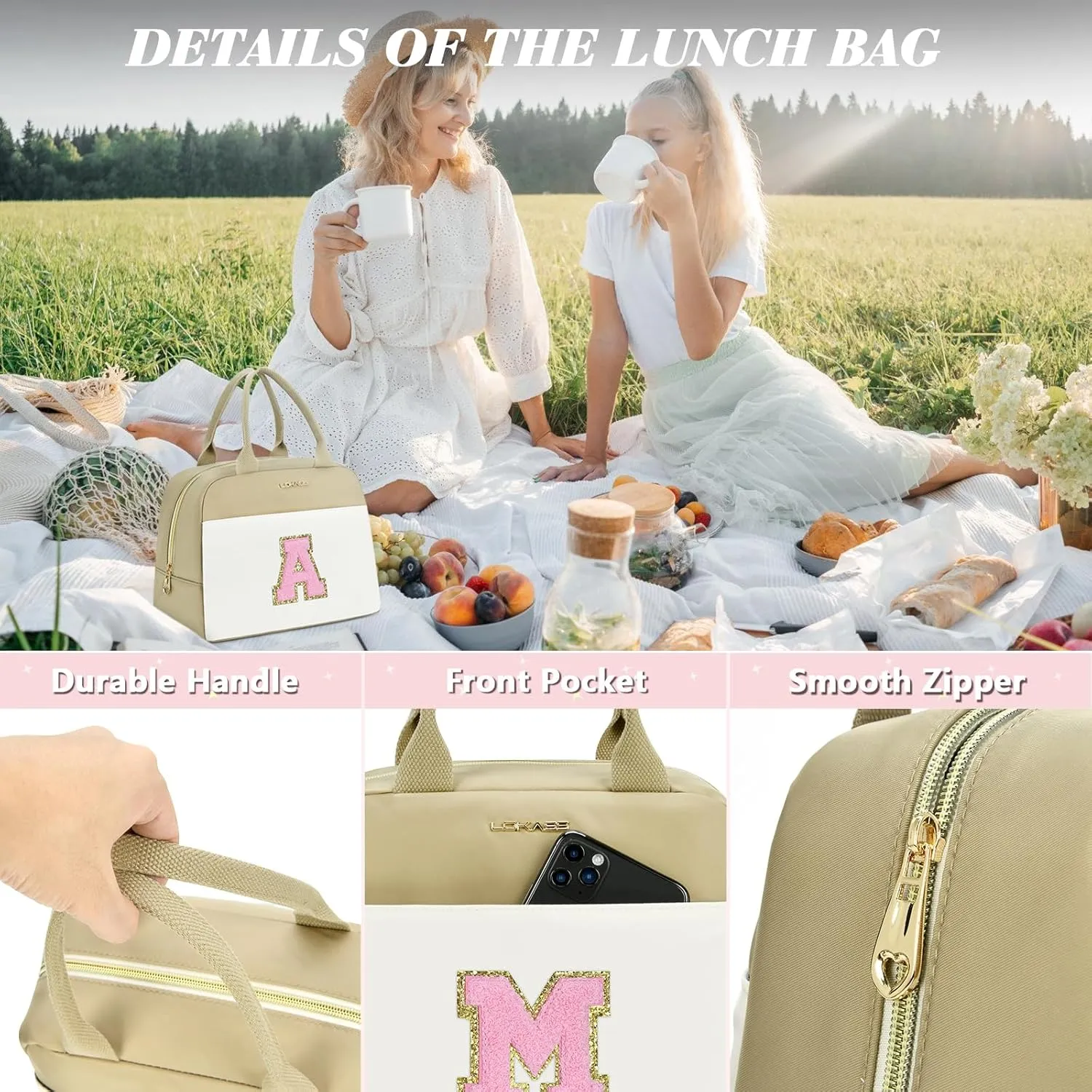 UTOTEBAG Initial Lunch Bag for Women, Preppy Insulated Lunch Box with Front Pocket-Small Wide Open Cute Cooler Bag for Work/Travel/Picnic, Personalized Gifts for Mom Girlfriend Daughter（Letter N）