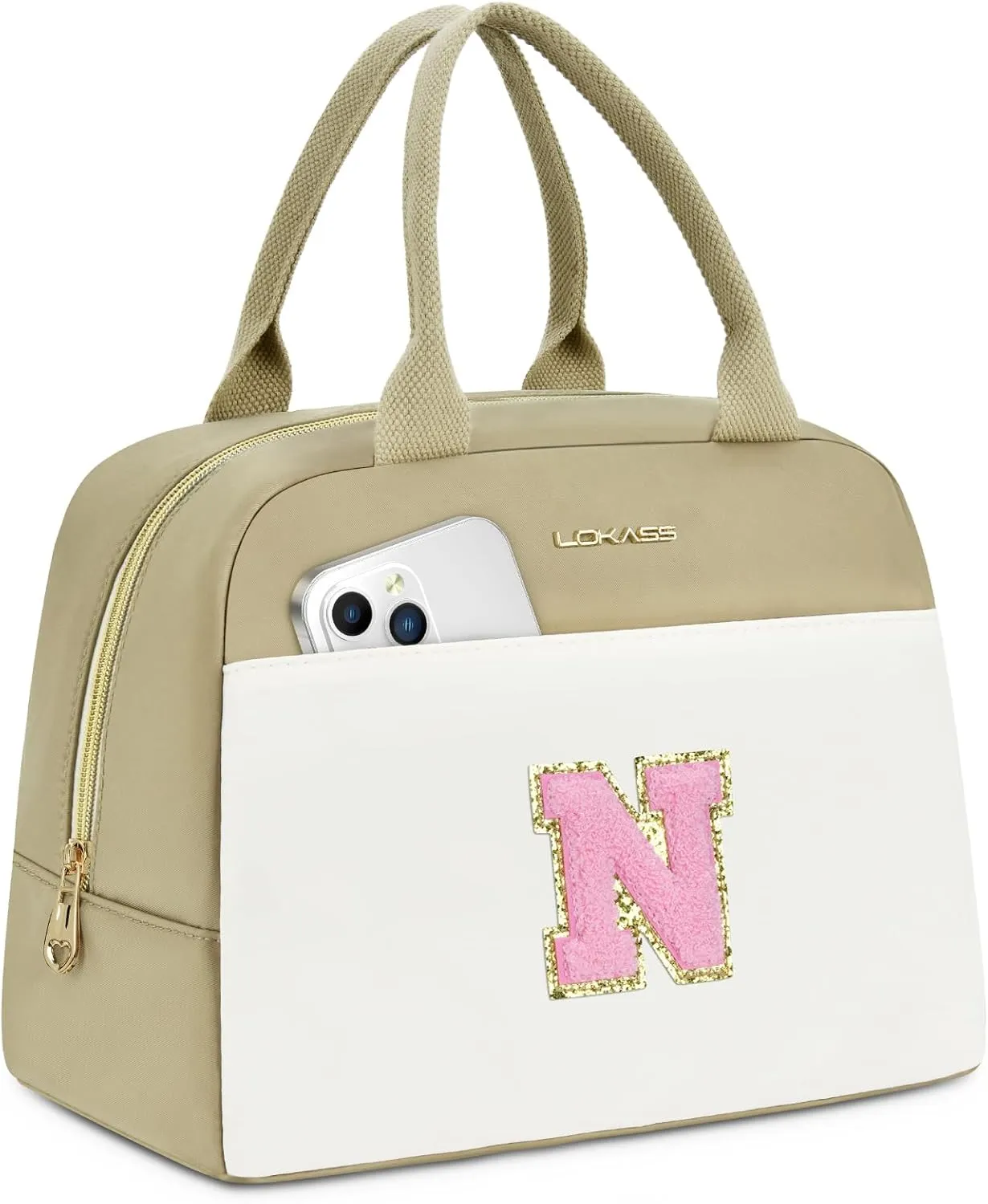 UTOTEBAG Initial Lunch Bag for Women, Preppy Insulated Lunch Box with Front Pocket-Small Wide Open Cute Cooler Bag for Work/Travel/Picnic, Personalized Gifts for Mom Girlfriend Daughter（Letter N）