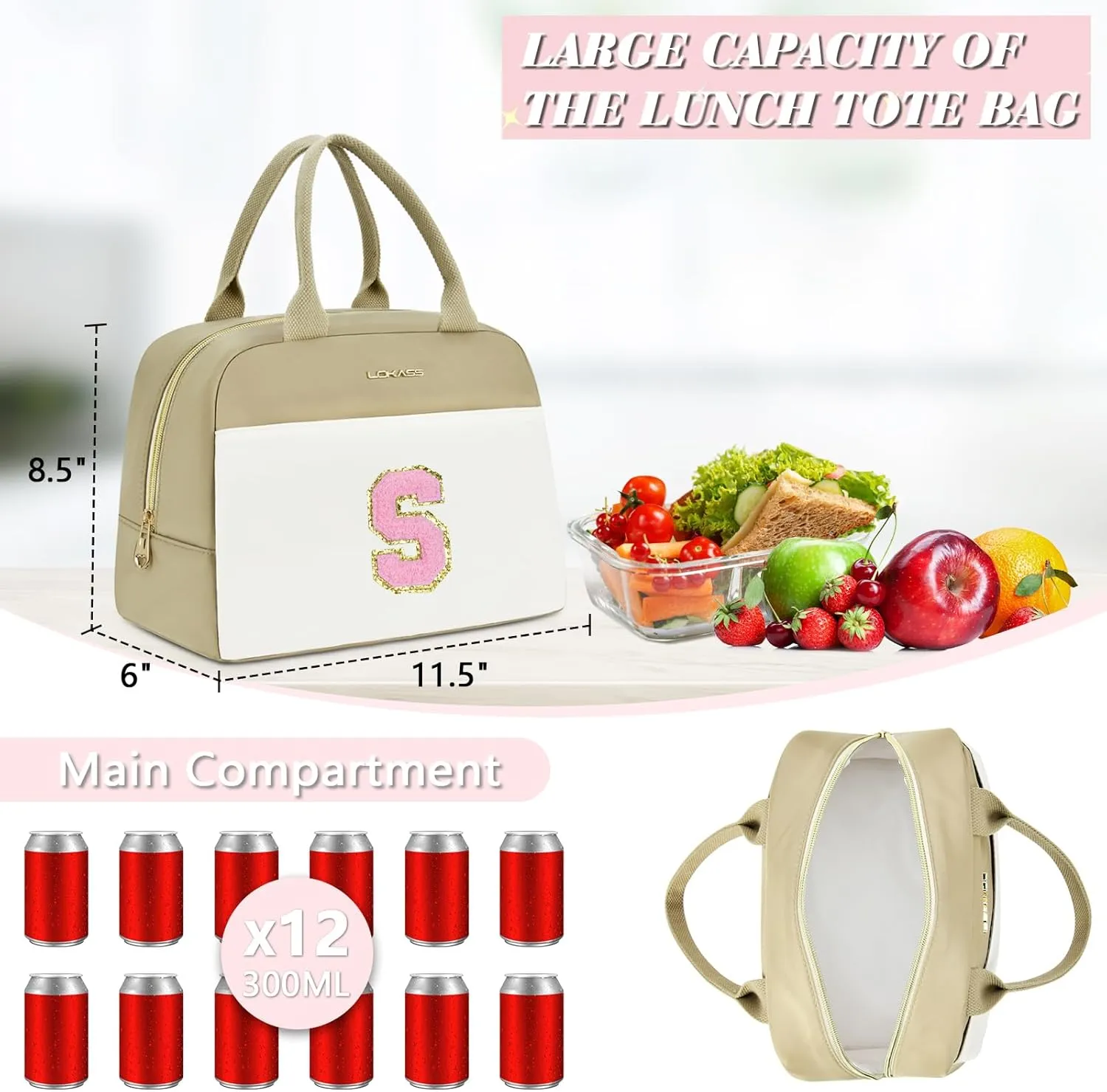 UTOTEBAG Initial Lunch Bag for Women, Preppy Insulated Lunch Box with Front Pocket-Small Wide Open Cute Cooler Bag for Work/Travel/Picnic, Personalized Gifts for Mom Girlfriend Daughter（Letter N）