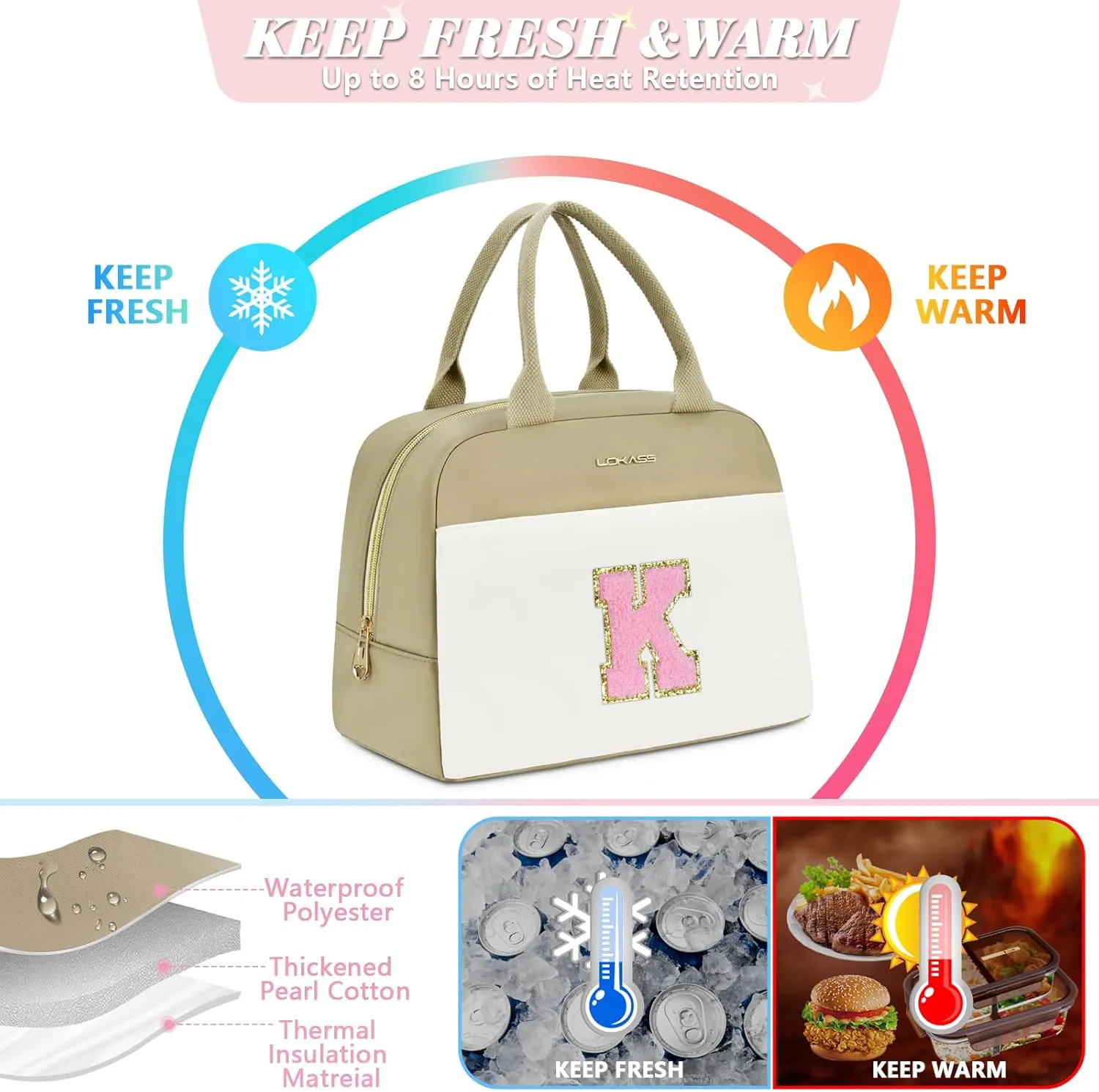 UTOTEBAG Initial Lunch Bag for Women, Preppy Insulated Lunch Box with Front Pocket-Small Wide Open Cute Cooler Bag for Work/Travel/Picnic, Personalized Gifts for Mom Girlfriend Daughter（Letter N）