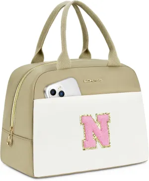 UTOTEBAG Initial Lunch Bag for Women, Preppy Insulated Lunch Box with Front Pocket-Small Wide Open Cute Cooler Bag for Work/Travel/Picnic, Personalized Gifts for Mom Girlfriend Daughter（Letter N）