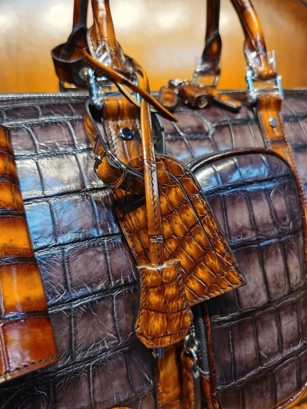 Vintage Brown Genuine Crocodile Leather Large Duffel Bag