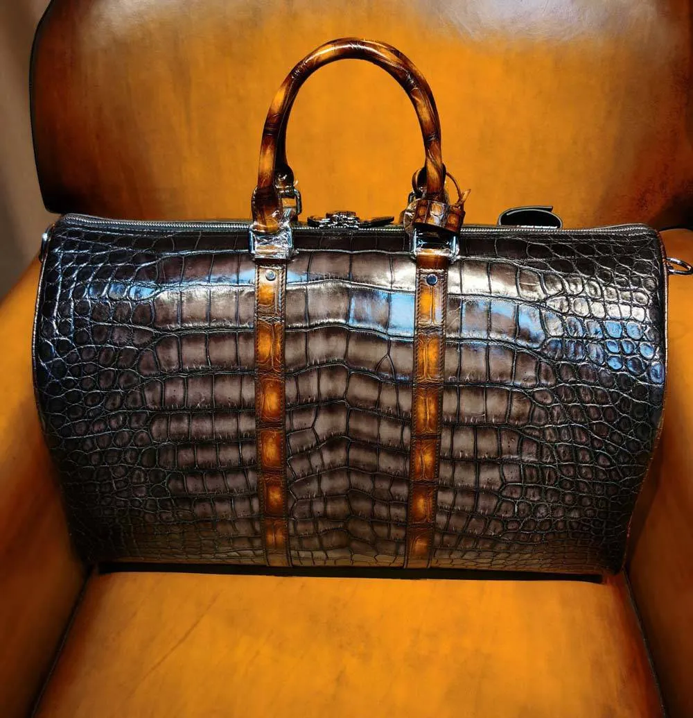 Vintage Brown Genuine Crocodile Leather Large Duffel Bag