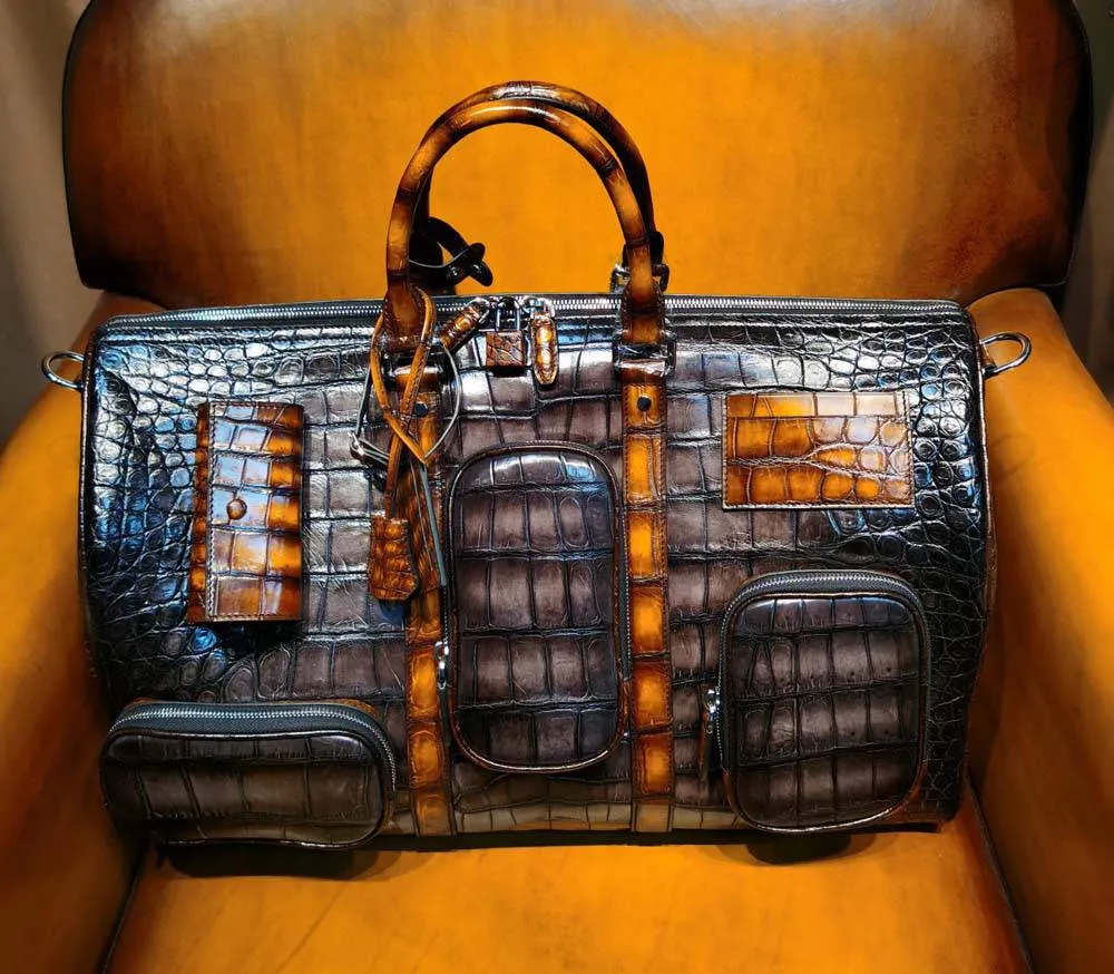 Vintage Brown Genuine Crocodile Leather Large Duffel Bag