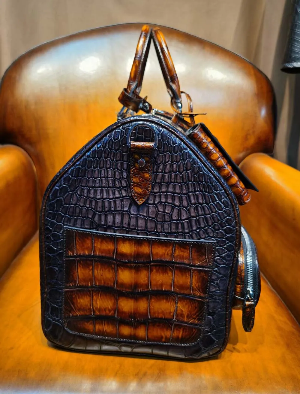 Vintage Brown Genuine Crocodile Leather Large Duffel Bag