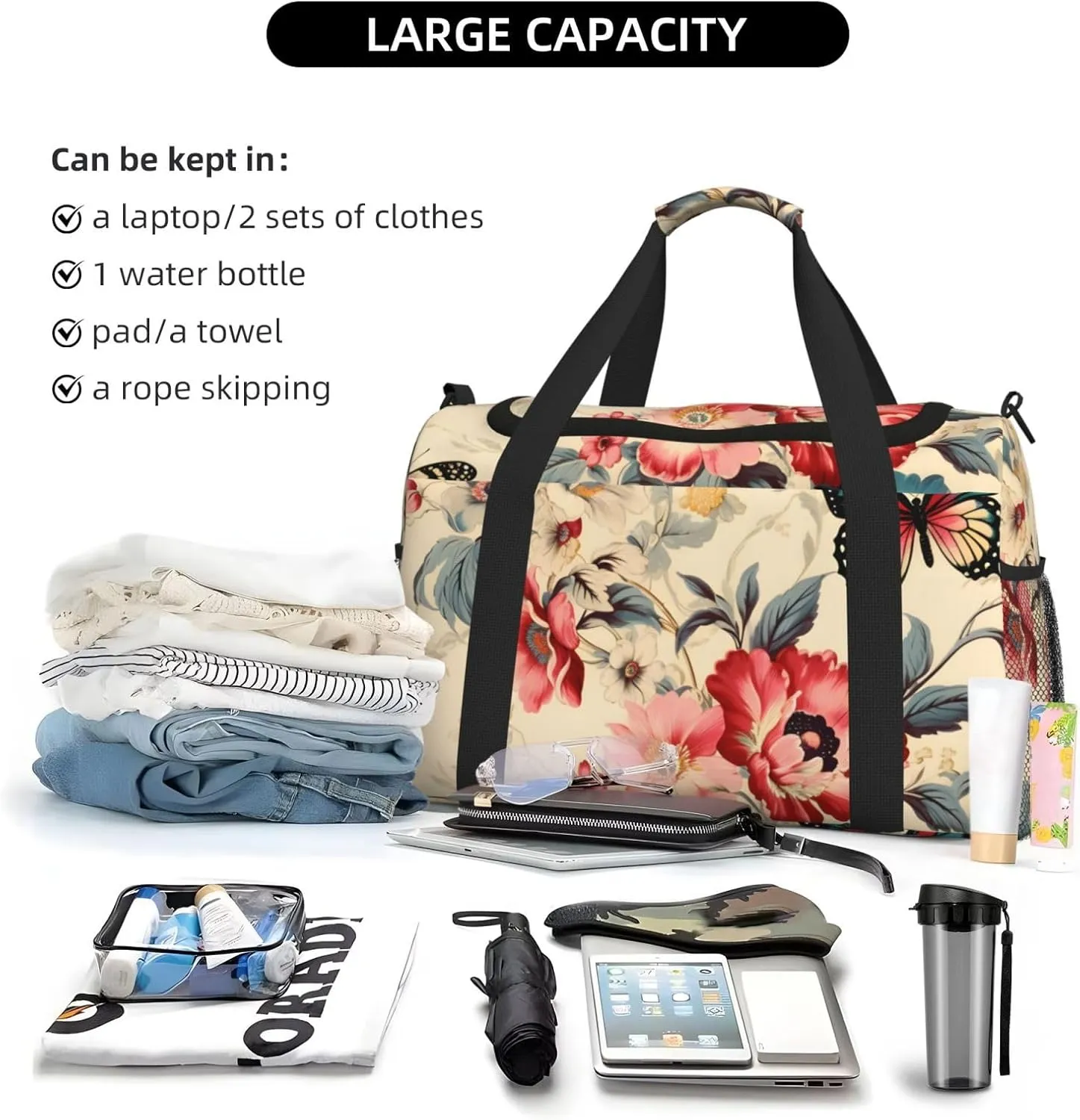 Vintage Butterfly Flowers Duffle Bag Foldable Travel Tote Bag Carry On Large Weekender Overnight Bags Waterproof Gym Bag For Women Men