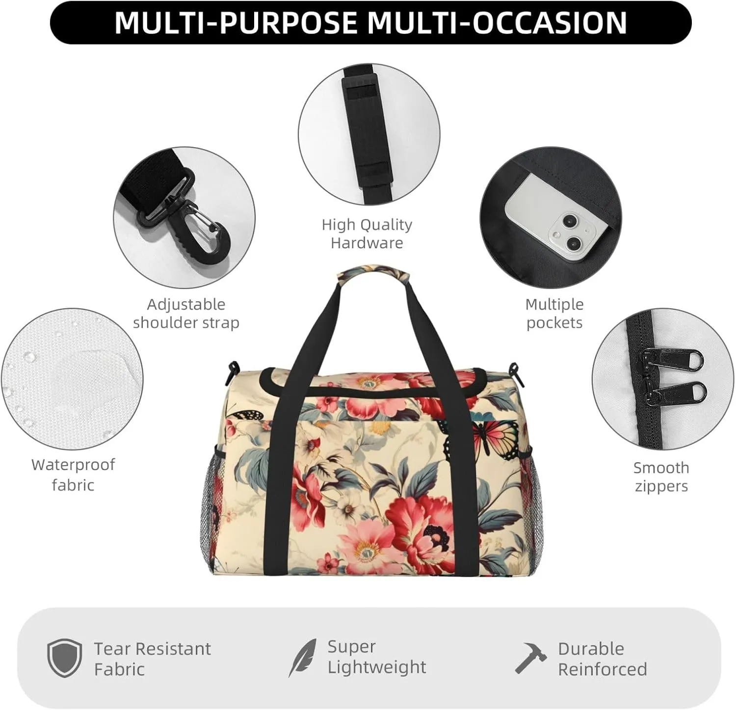 Vintage Butterfly Flowers Duffle Bag Foldable Travel Tote Bag Carry On Large Weekender Overnight Bags Waterproof Gym Bag For Women Men