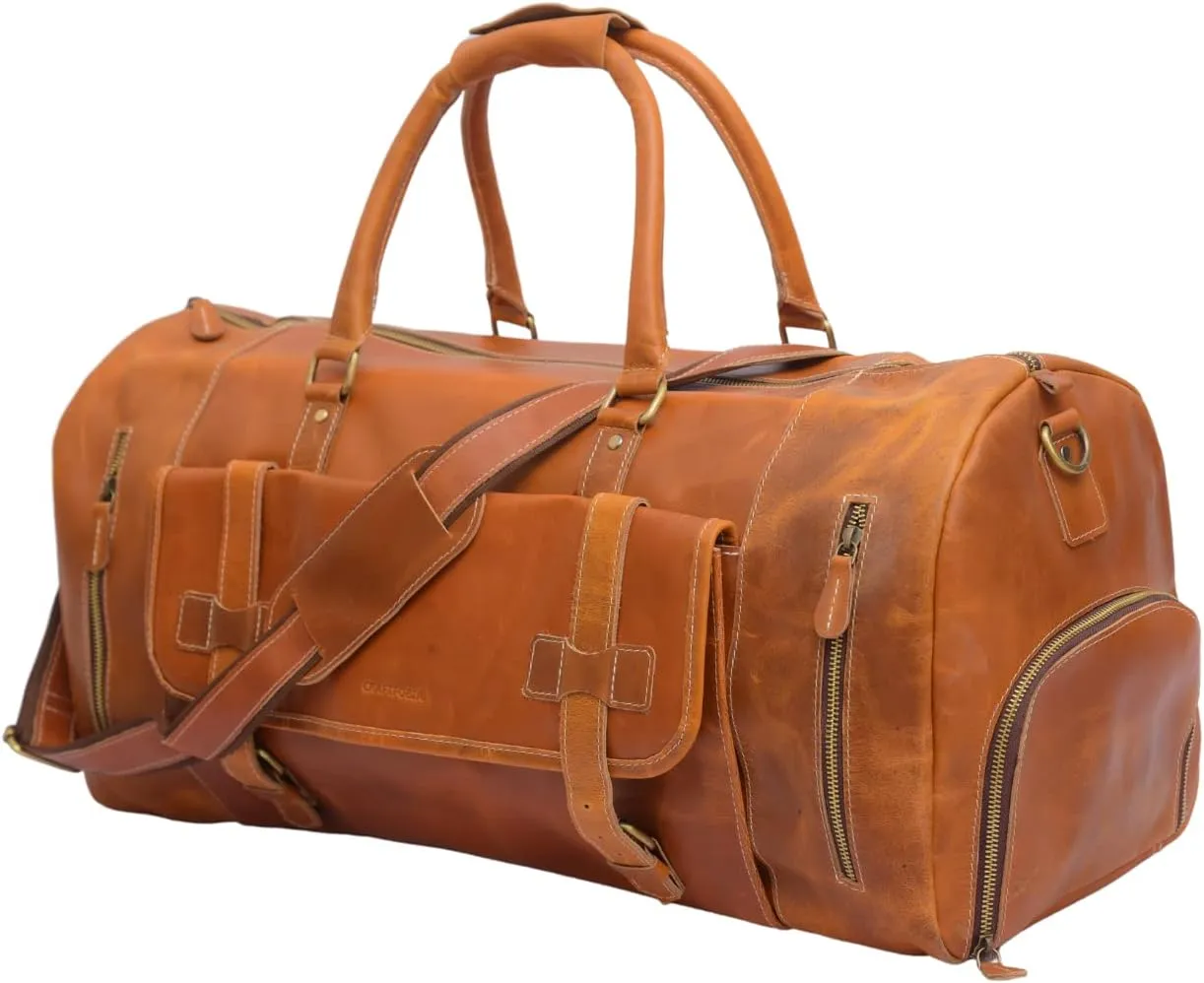 Vintage Duffel Travel Bag for Men/Women and Travel pure Leather Bag,Airplane Luggage,Sports Gym,Carry-With Shoe Compartment (Brown, 24 Inches)