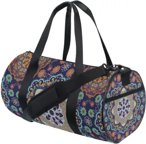 Vintage Seamless Ornamental Mandala Pattern in Retro Ethnic Style Duffel Bag, Foldable Canvas Travel Tote for Gym Sports with Inner Pockets, Durable Lightweight Fitness Bag for Overnight Workout