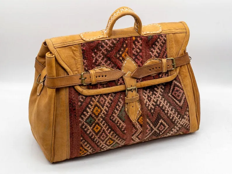 Vintage Weekender Bag - Handmade Kilim Boho Travel Bag with Leather Handle