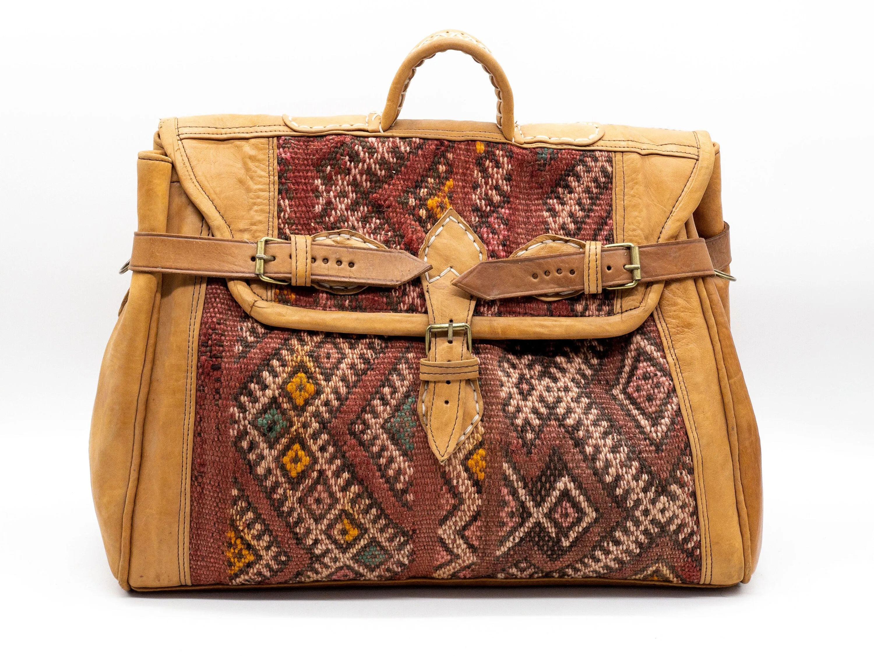 Vintage Weekender Bag - Handmade Kilim Boho Travel Bag with Leather Handle