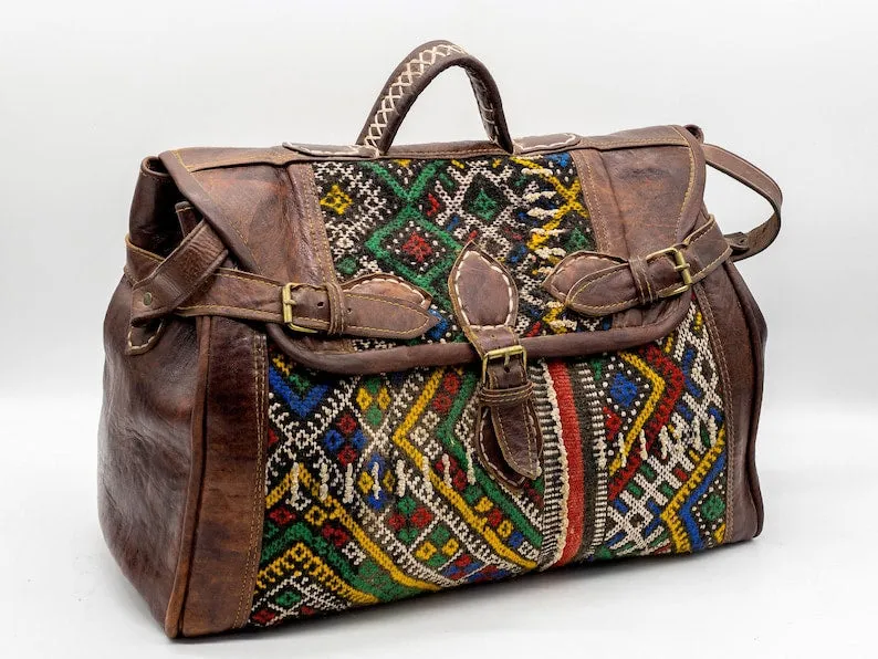 Vintage Weekender Bag - Handmade Kilim Boho Travel Bag with Leather Handle