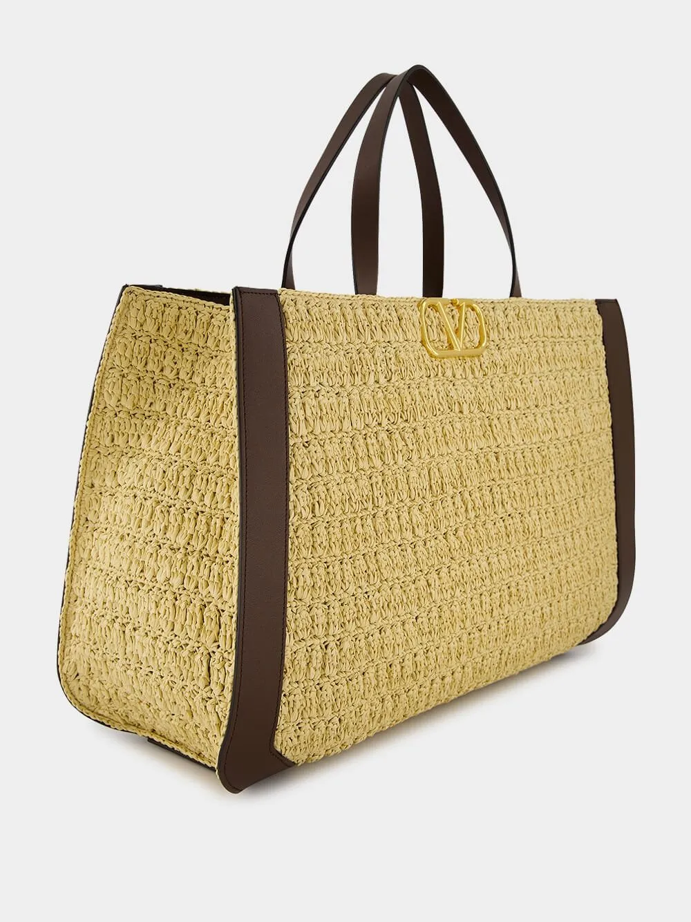 VLogo Raffia and Leather Tote