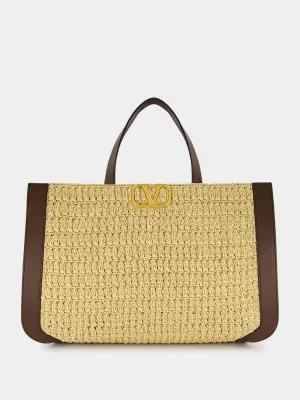 VLogo Raffia and Leather Tote