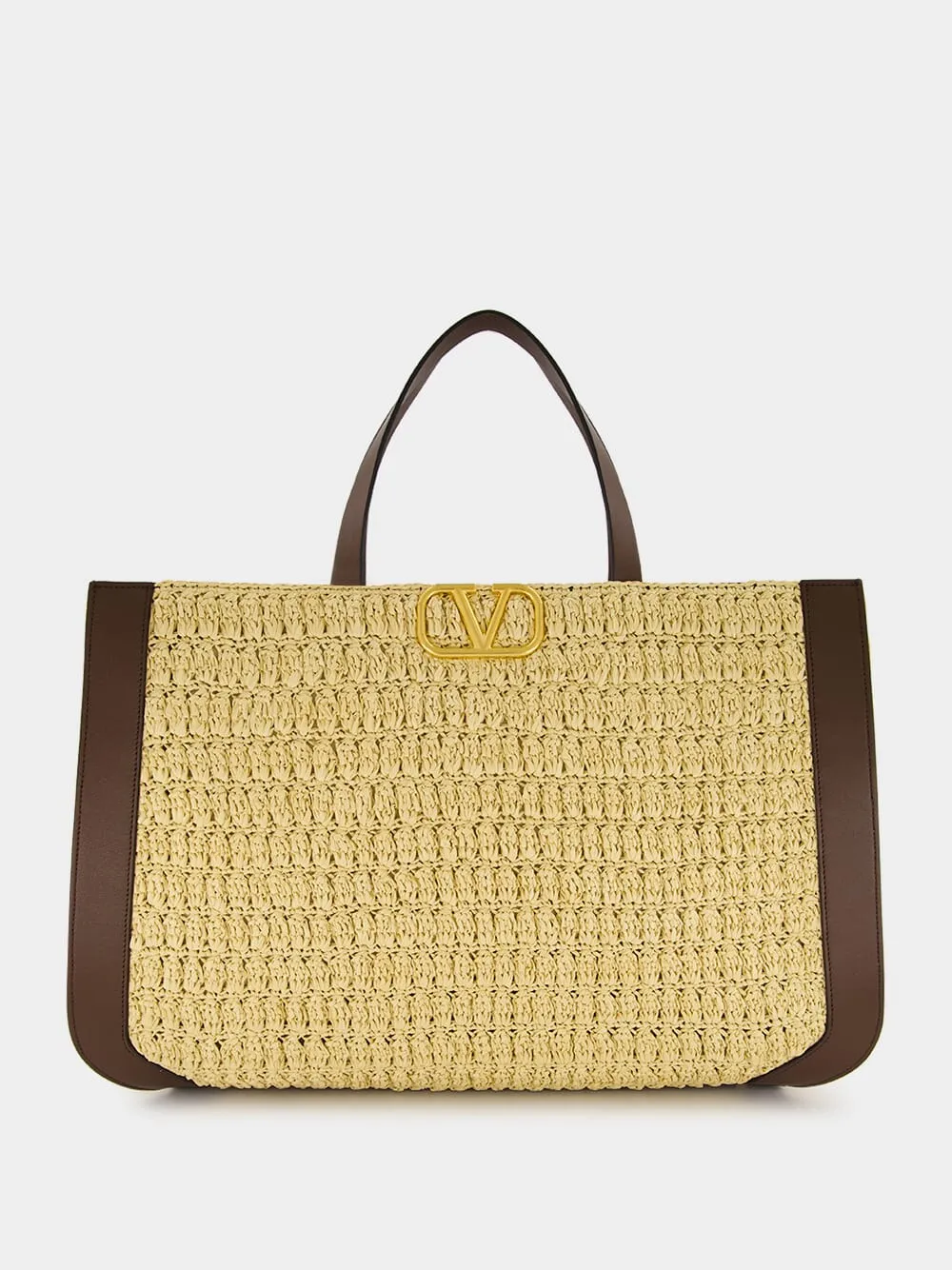 VLogo Raffia and Leather Tote