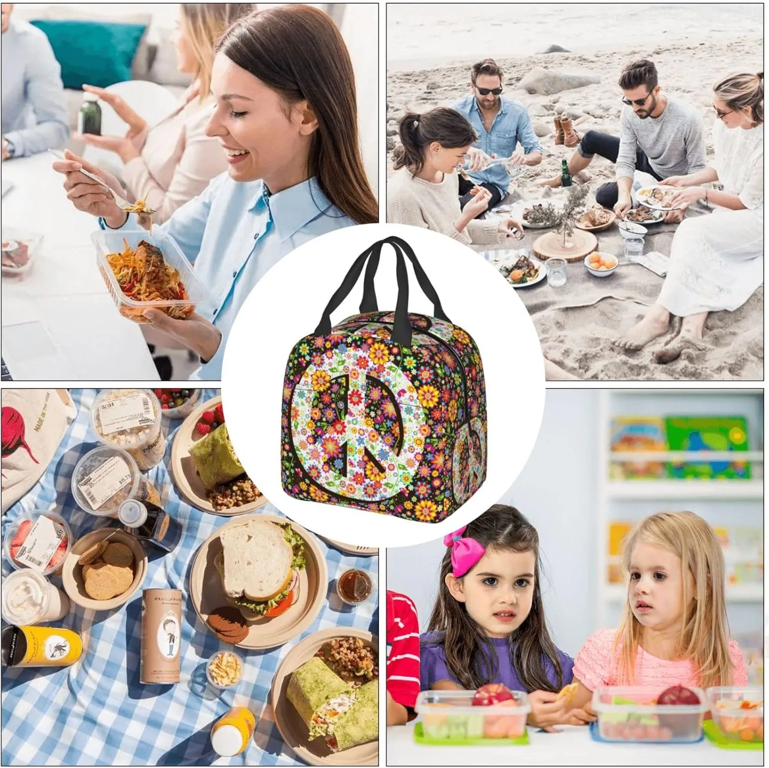 VOOHDDY Hippie Flowers Fashion Peace Insulated Lunch Bag For Women Men Reusable Lunch Box Container Waterproof Portable Cooler Thermal Tote Bag For Work Office Picnic Beach Travel