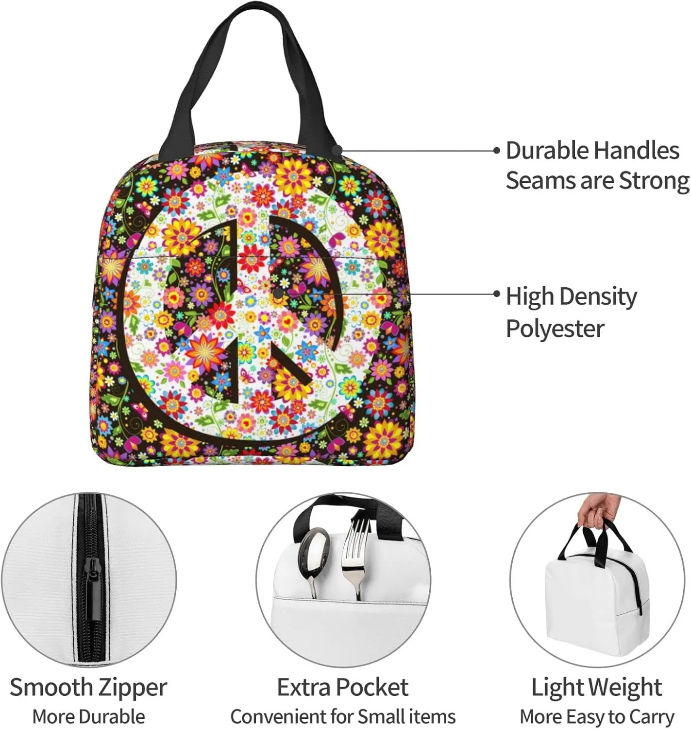 VOOHDDY Hippie Flowers Fashion Peace Insulated Lunch Bag For Women Men Reusable Lunch Box Container Waterproof Portable Cooler Thermal Tote Bag For Work Office Picnic Beach Travel