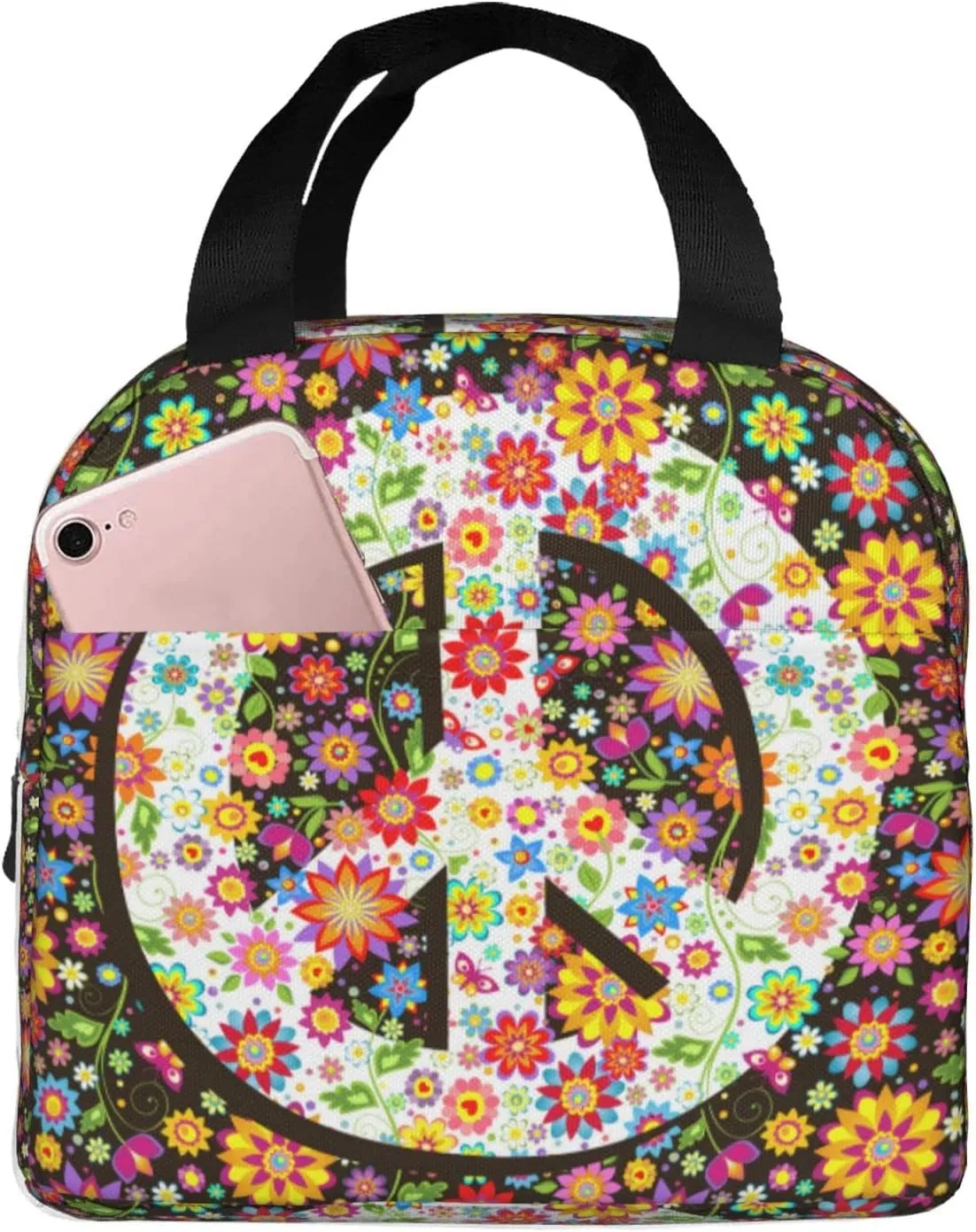 VOOHDDY Hippie Flowers Fashion Peace Insulated Lunch Bag For Women Men Reusable Lunch Box Container Waterproof Portable Cooler Thermal Tote Bag For Work Office Picnic Beach Travel