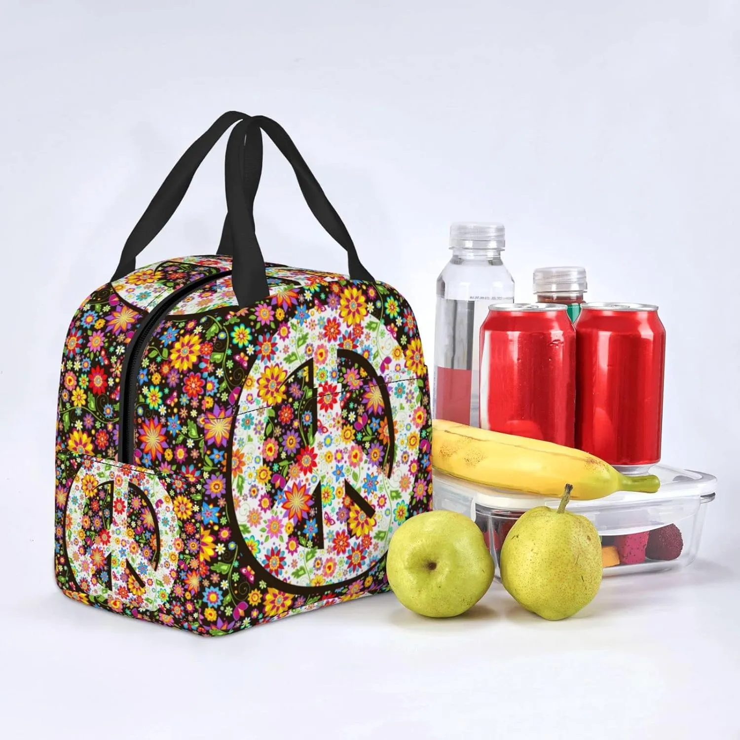 VOOHDDY Hippie Flowers Fashion Peace Insulated Lunch Bag For Women Men Reusable Lunch Box Container Waterproof Portable Cooler Thermal Tote Bag For Work Office Picnic Beach Travel
