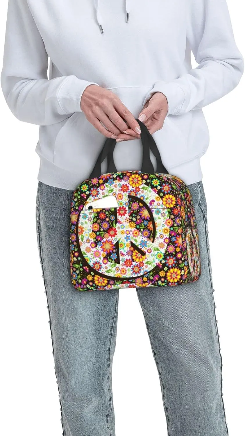 VOOHDDY Hippie Flowers Fashion Peace Insulated Lunch Bag For Women Men Reusable Lunch Box Container Waterproof Portable Cooler Thermal Tote Bag For Work Office Picnic Beach Travel
