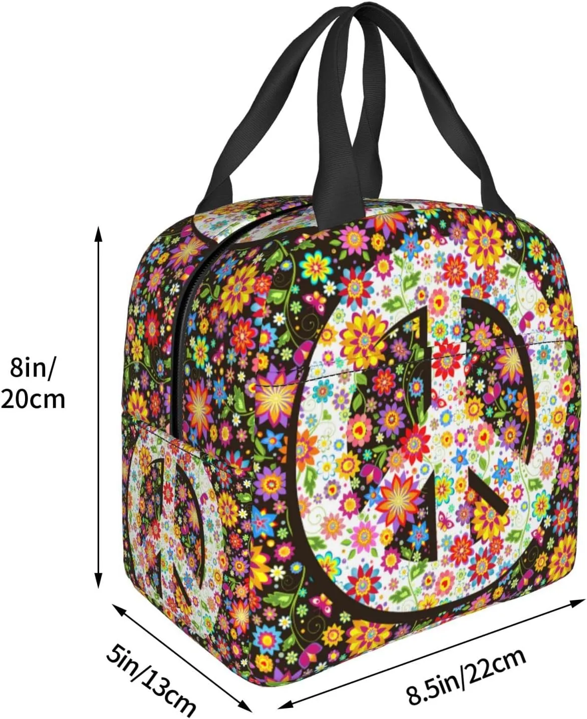 VOOHDDY Hippie Flowers Fashion Peace Insulated Lunch Bag For Women Men Reusable Lunch Box Container Waterproof Portable Cooler Thermal Tote Bag For Work Office Picnic Beach Travel