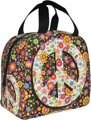 VOOHDDY Hippie Flowers Fashion Peace Insulated Lunch Bag For Women Men Reusable Lunch Box Container Waterproof Portable Cooler Thermal Tote Bag For Work Office Picnic Beach Travel