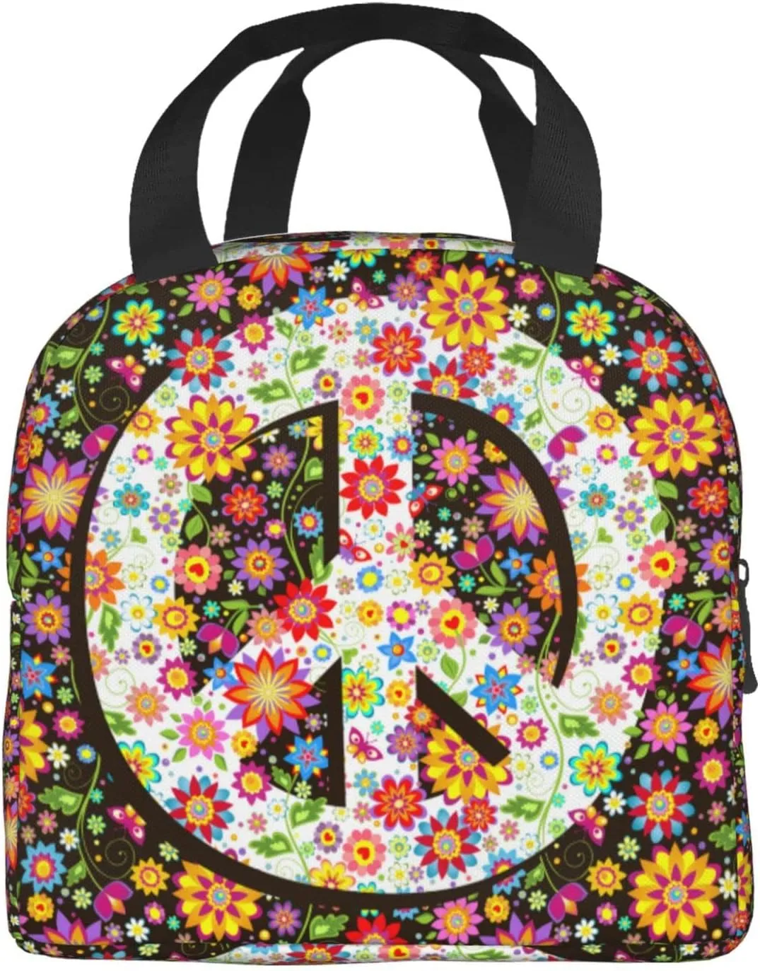 VOOHDDY Hippie Flowers Fashion Peace Insulated Lunch Bag For Women Men Reusable Lunch Box Container Waterproof Portable Cooler Thermal Tote Bag For Work Office Picnic Beach Travel