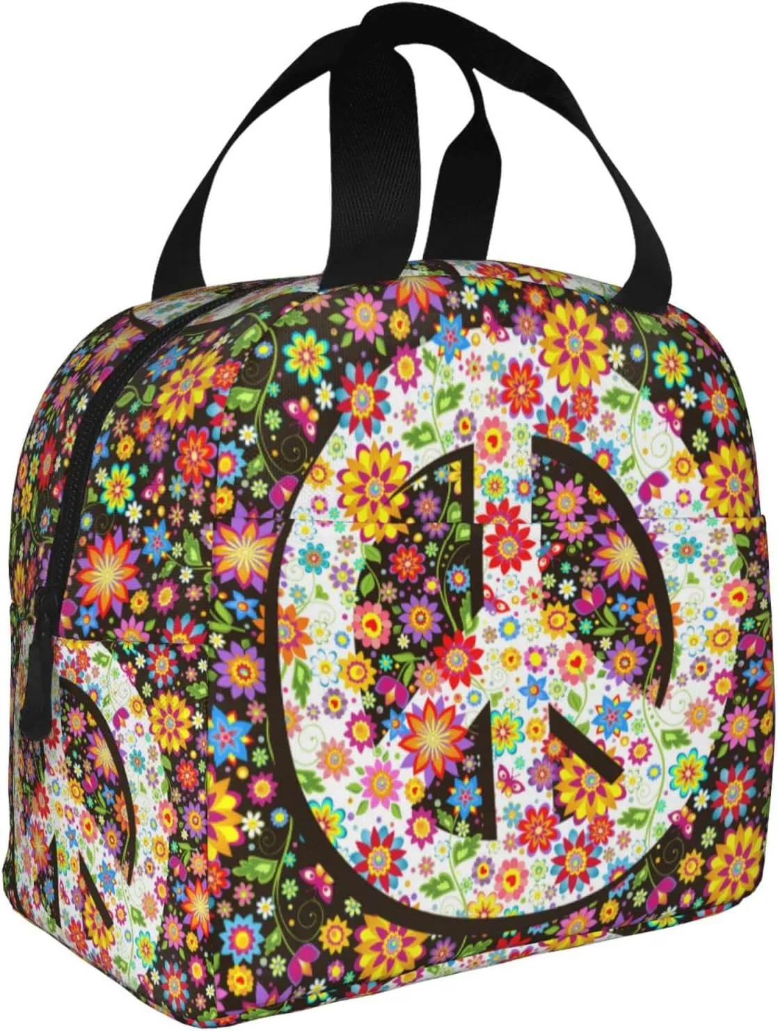 VOOHDDY Hippie Flowers Fashion Peace Insulated Lunch Bag For Women Men Reusable Lunch Box Container Waterproof Portable Cooler Thermal Tote Bag For Work Office Picnic Beach Travel
