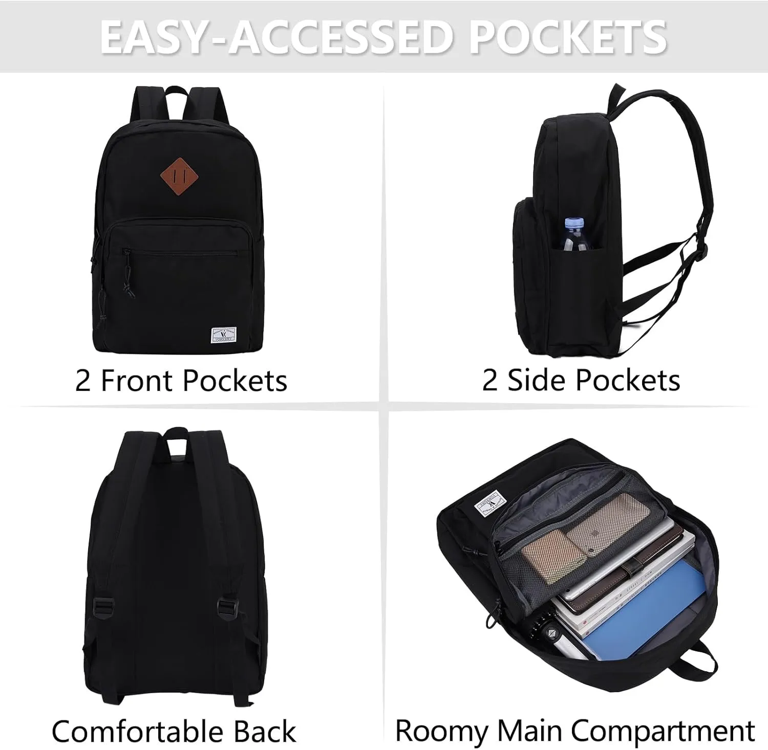 VX VONXURY School Backpack for Men Women,Lightweight Classic Basic Bookbag Simple Kids Black Backpack for College Travel