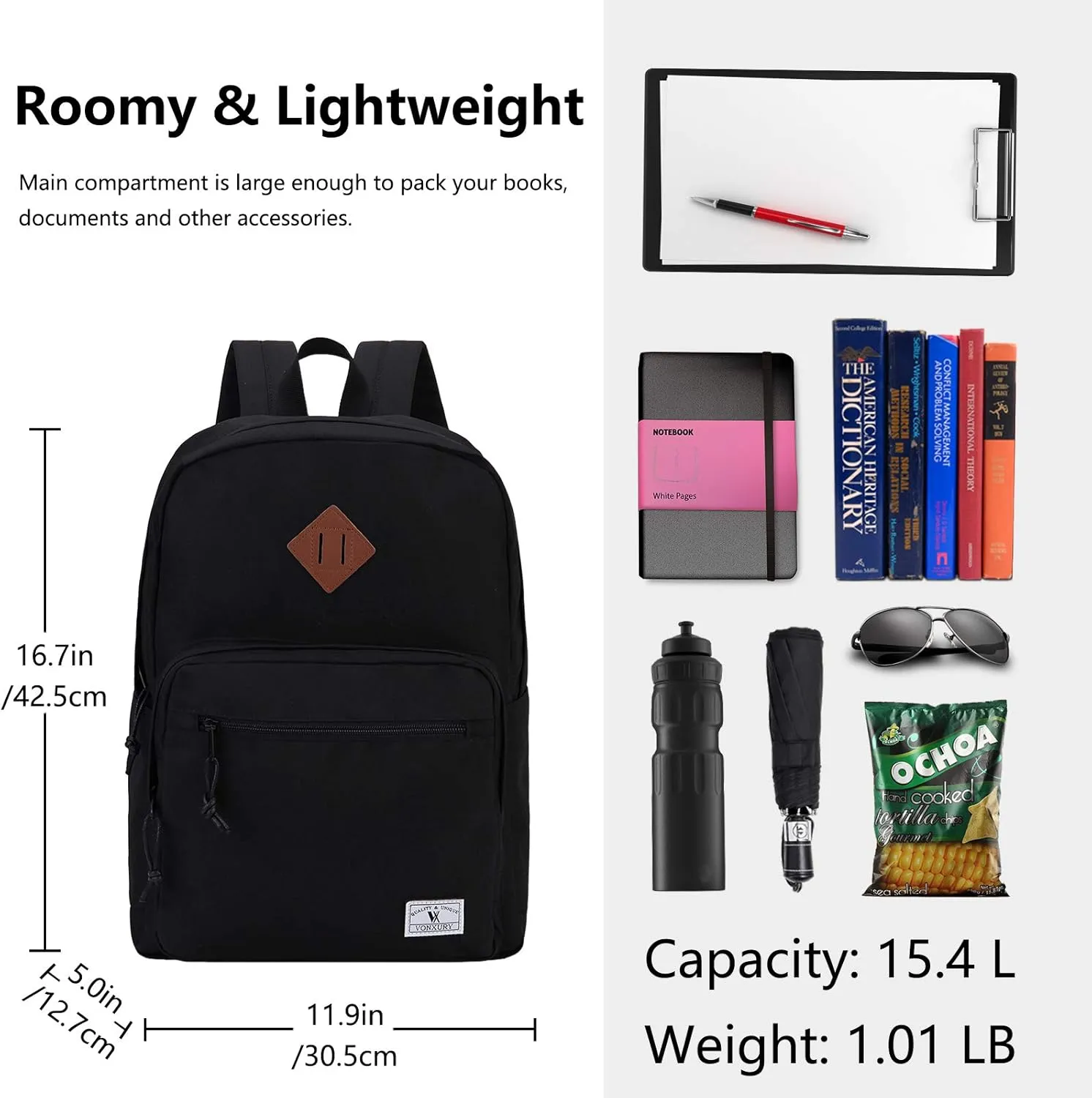 VX VONXURY School Backpack for Men Women,Lightweight Classic Basic Bookbag Simple Kids Black Backpack for College Travel
