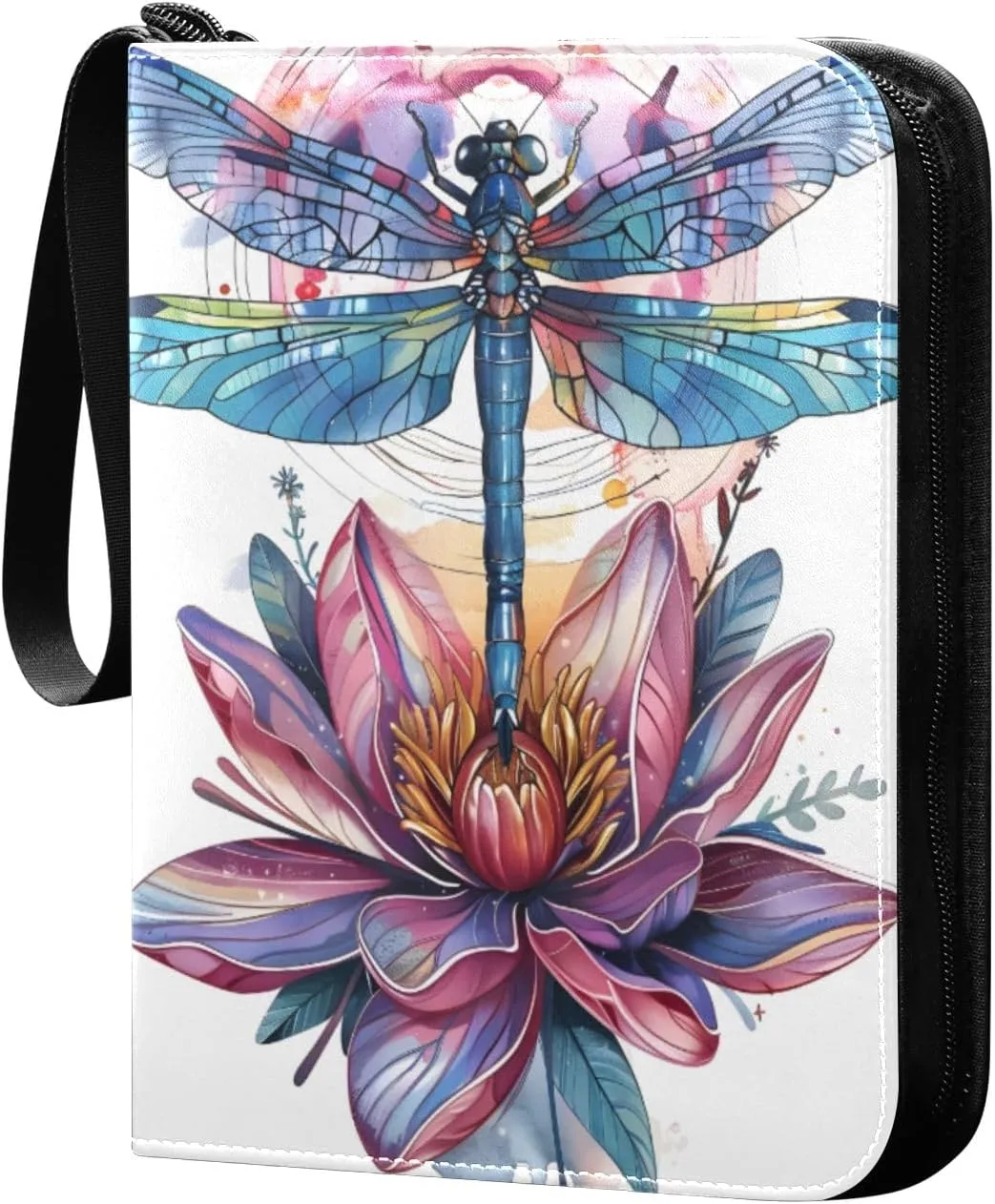 Watercolor Colorful Lotus and Dragonfly Card Binder 4 Pocket Trading Card Binder Portable Cards Collection Book with Zipper