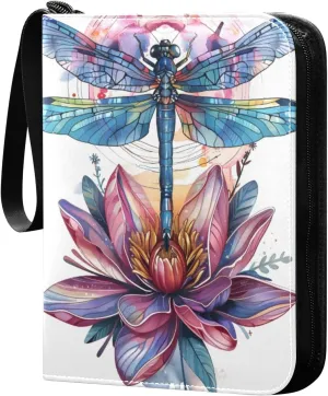Watercolor Colorful Lotus and Dragonfly Card Binder 4 Pocket Trading Card Binder Portable Cards Collection Book with Zipper