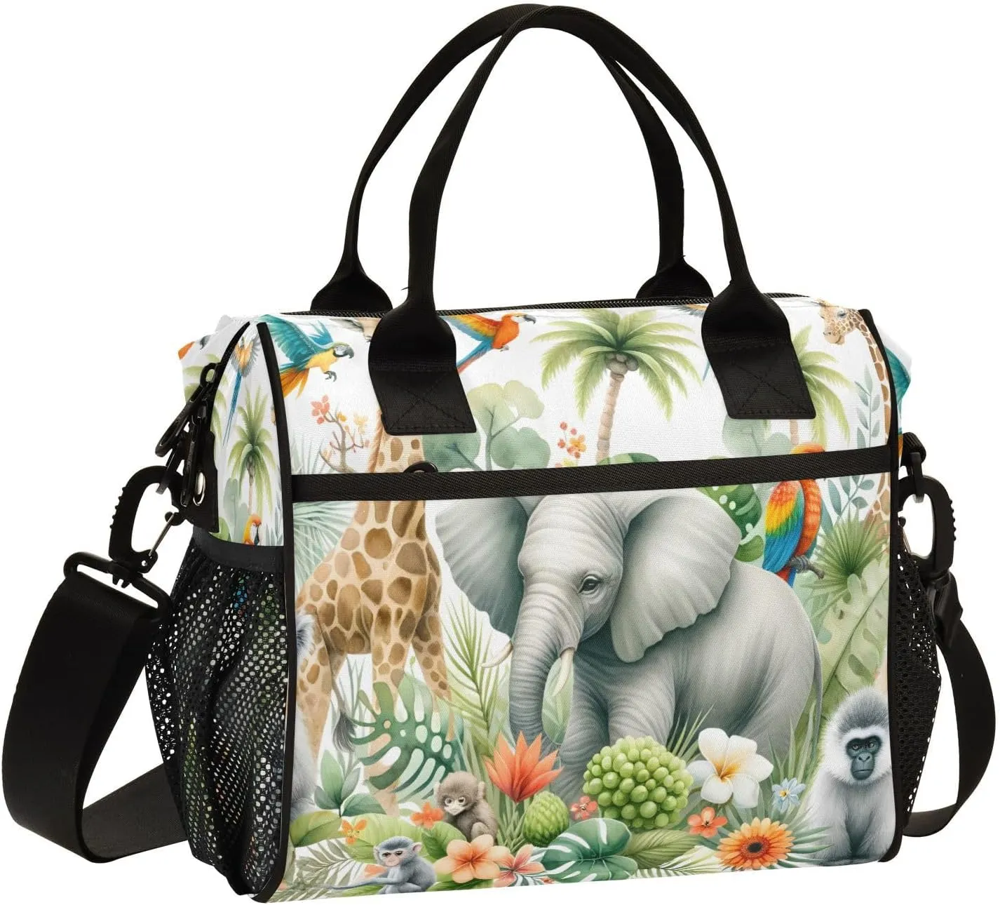 Watercolor Composition with African Animals and Natural Elements Small Lunch Box for Men Women Adults Insulated Lunch Bag Cooler Bag with Adjustable Shoulder Strap for Work Picnic Travel