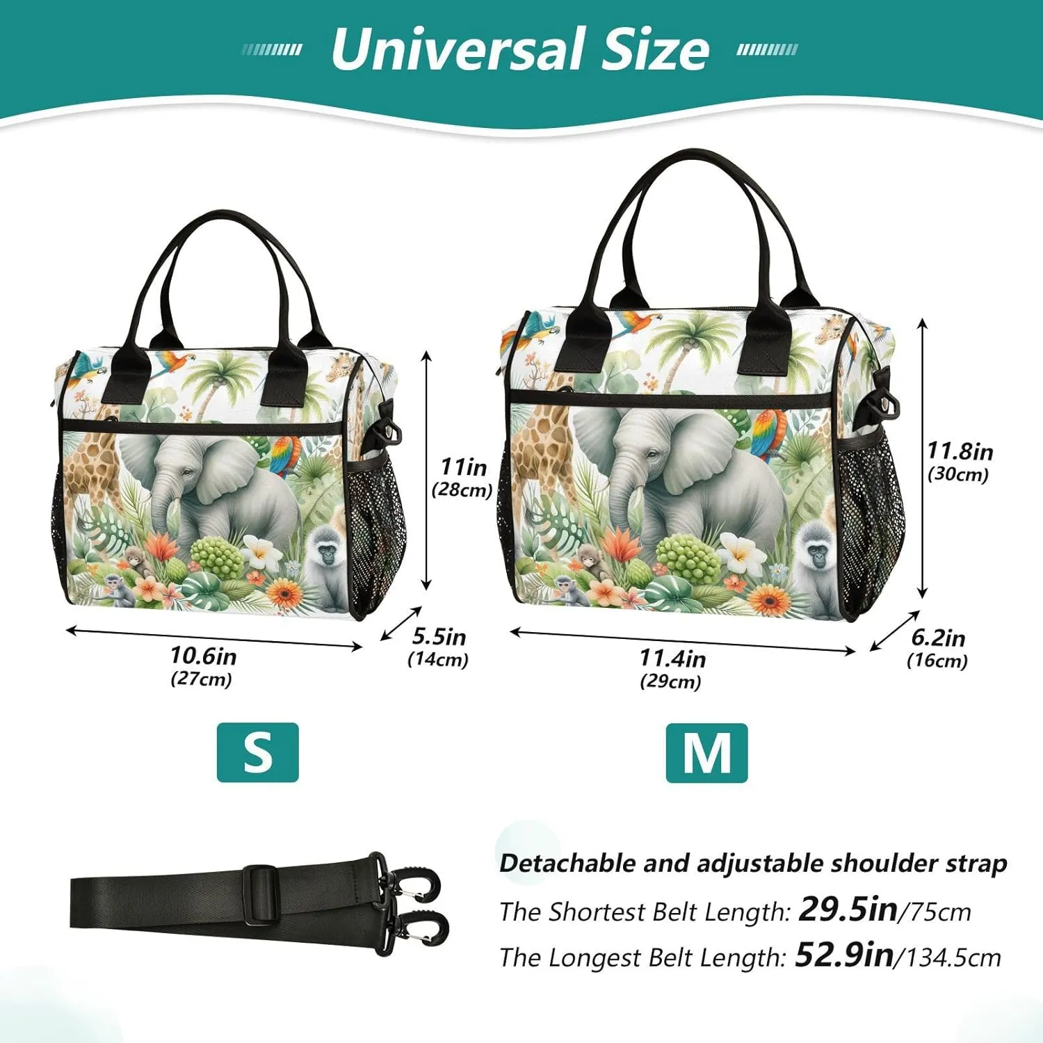 Watercolor Composition with African Animals and Natural Elements Small Lunch Box for Men Women Adults Insulated Lunch Bag Cooler Bag with Adjustable Shoulder Strap for Work Picnic Travel
