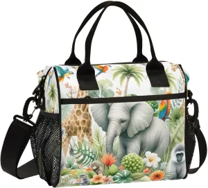 Watercolor Composition with African Animals and Natural Elements Small Lunch Box for Men Women Adults Insulated Lunch Bag Cooler Bag with Adjustable Shoulder Strap for Work Picnic Travel