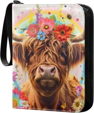 Watercolor Highland Cow Colorful Daisies Card Binder 4 Pocket Trading Card Binder Portable Cards Collection Book with Zipper