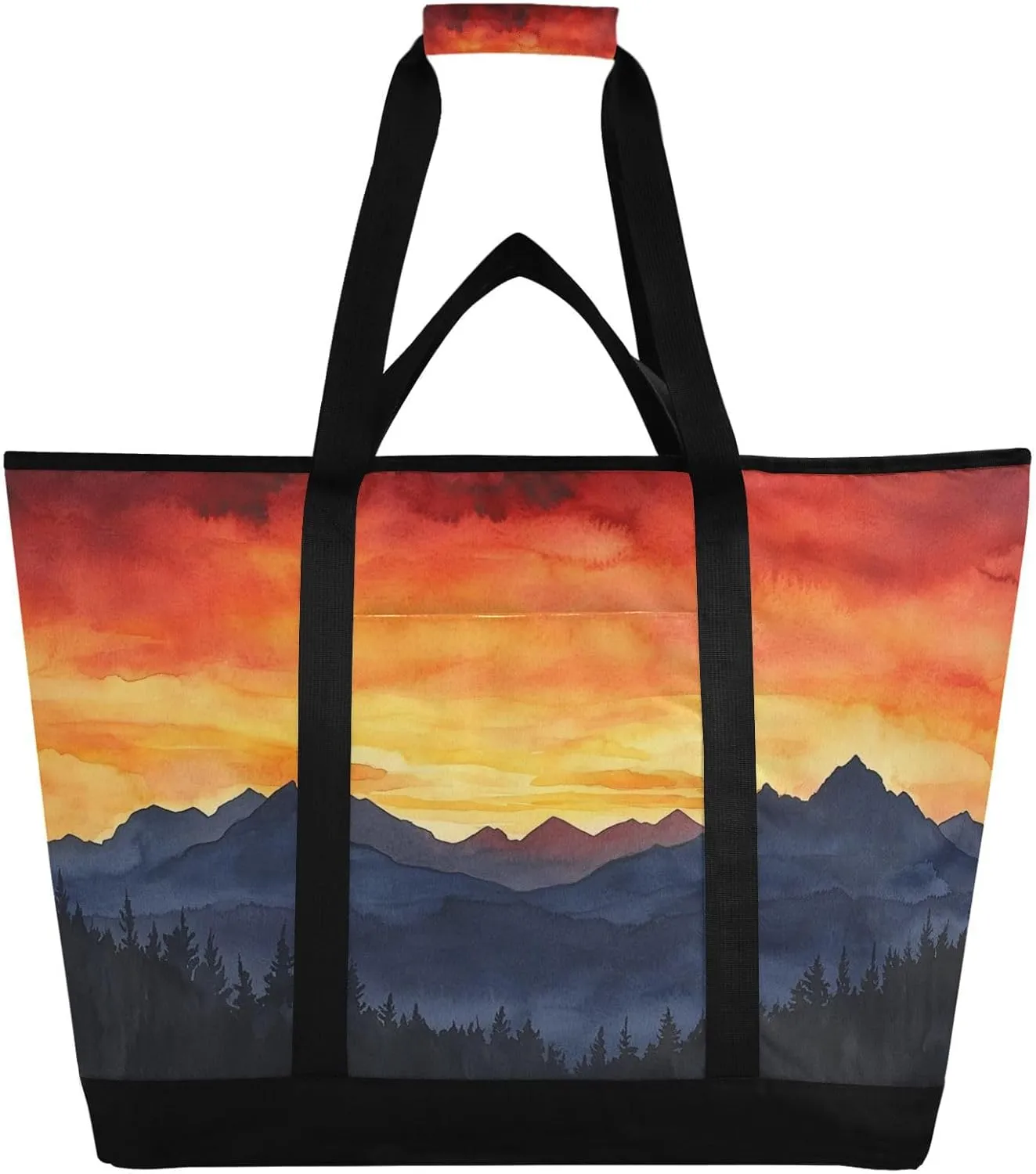 Watercolor Mountain Reusable Insulated Lunchbox Cooler Bag, Leakproof Kitchen Grocery Bag Collapsible Portable Cooler Tote Bag for Picnic, Camping, Office, Travel