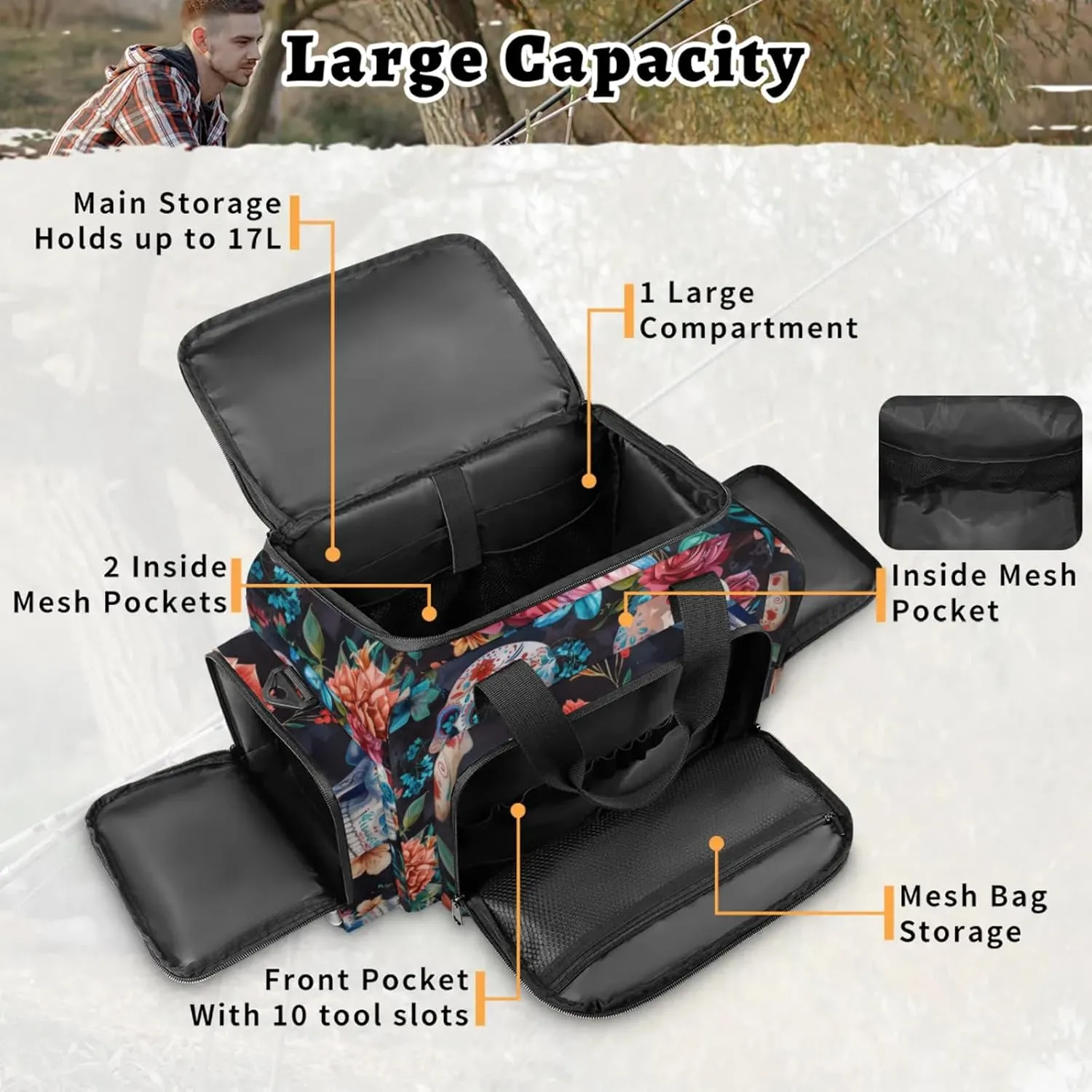 Waterproof Tactical Duffle Bag 25" Carry On Bag for EMT Tear-Resistant Gym Bag with Multi-Pocket & OSHA Reflective Travel Bags for Men Women Floral Skull Flowers