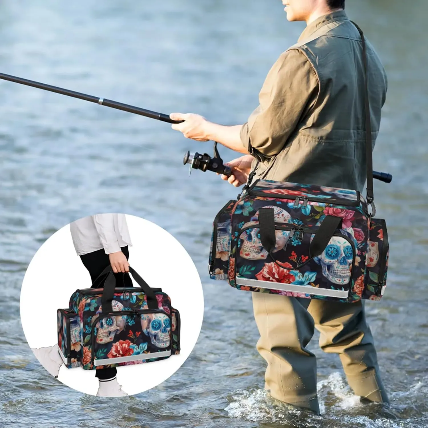Waterproof Tactical Duffle Bag 25" Carry On Bag for EMT Tear-Resistant Gym Bag with Multi-Pocket & OSHA Reflective Travel Bags for Men Women Floral Skull Flowers