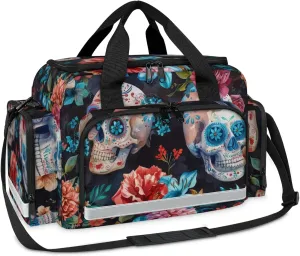 Waterproof Tactical Duffle Bag 25" Carry On Bag for EMT Tear-Resistant Gym Bag with Multi-Pocket & OSHA Reflective Travel Bags for Men Women Floral Skull Flowers