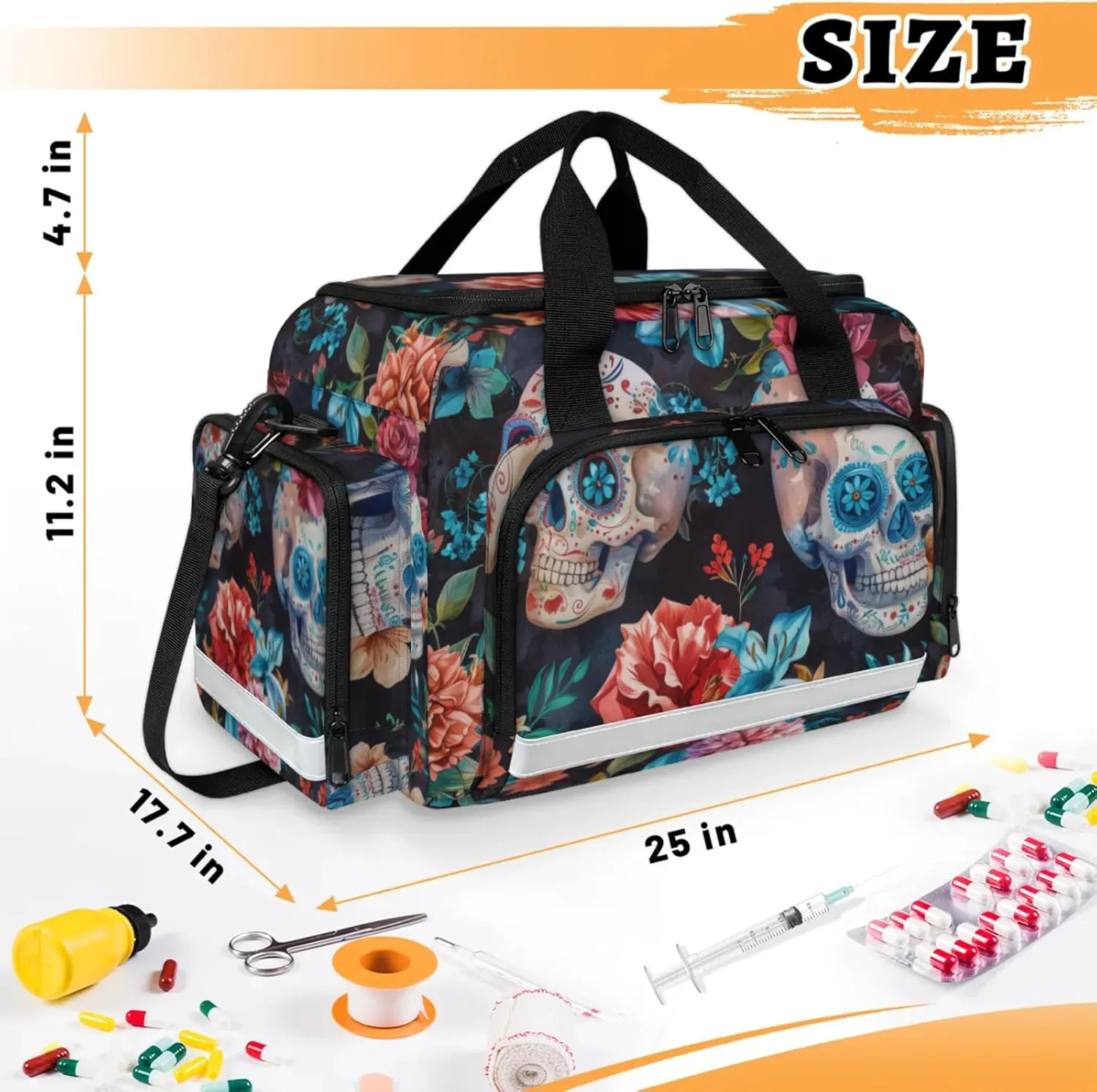Waterproof Tactical Duffle Bag 25" Carry On Bag for EMT Tear-Resistant Gym Bag with Multi-Pocket & OSHA Reflective Travel Bags for Men Women Floral Skull Flowers