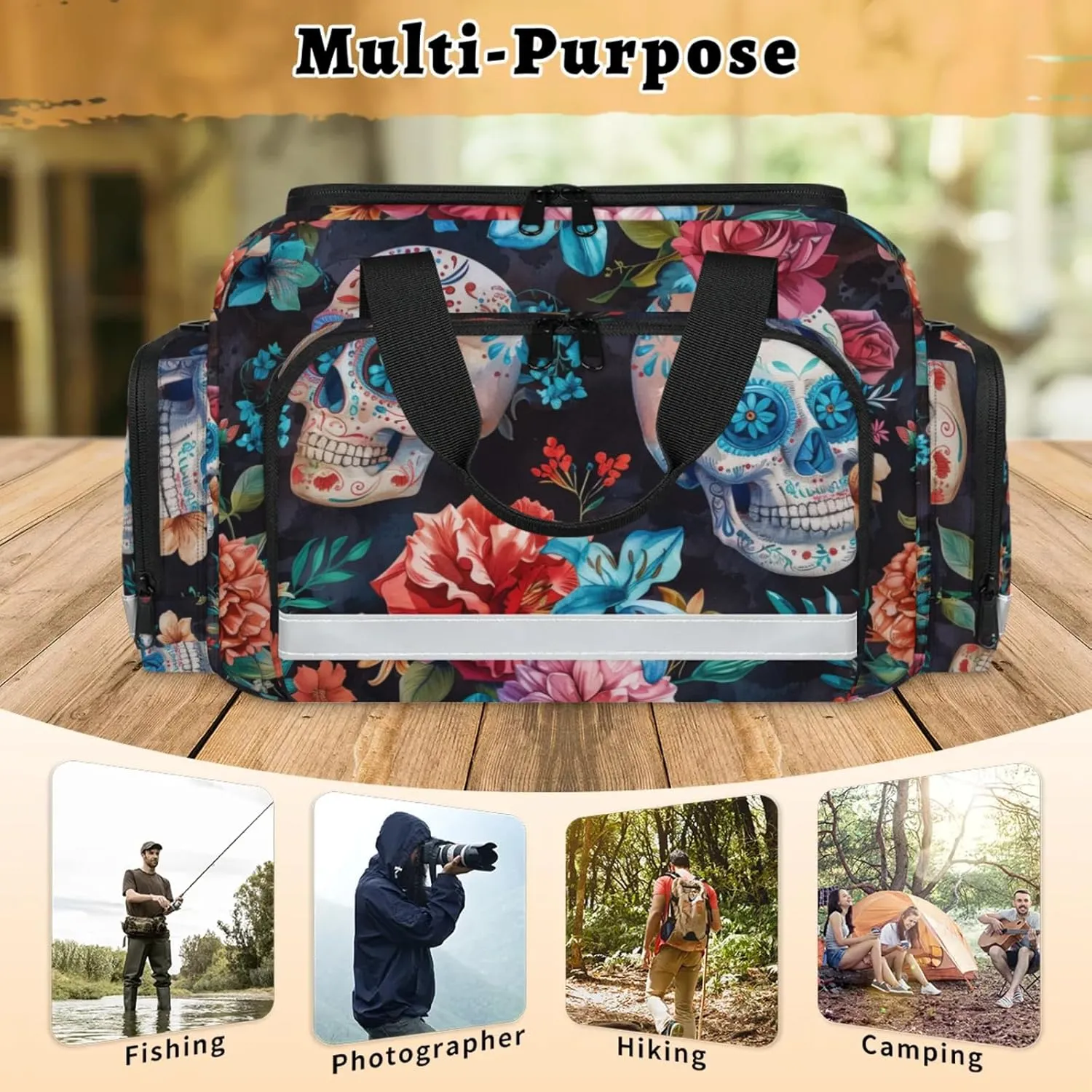 Waterproof Tactical Duffle Bag 25" Carry On Bag for EMT Tear-Resistant Gym Bag with Multi-Pocket & OSHA Reflective Travel Bags for Men Women Floral Skull Flowers