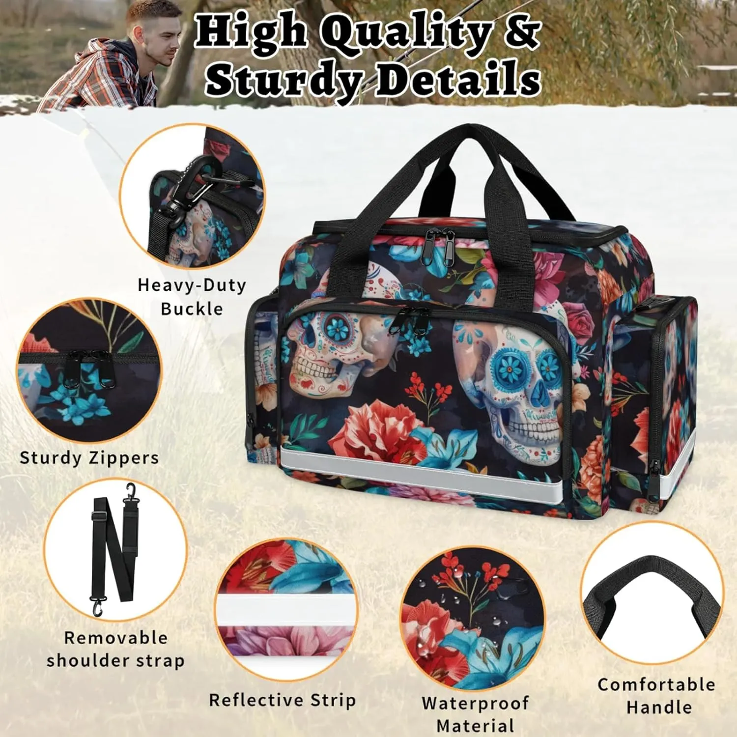 Waterproof Tactical Duffle Bag 25" Carry On Bag for EMT Tear-Resistant Gym Bag with Multi-Pocket & OSHA Reflective Travel Bags for Men Women Floral Skull Flowers