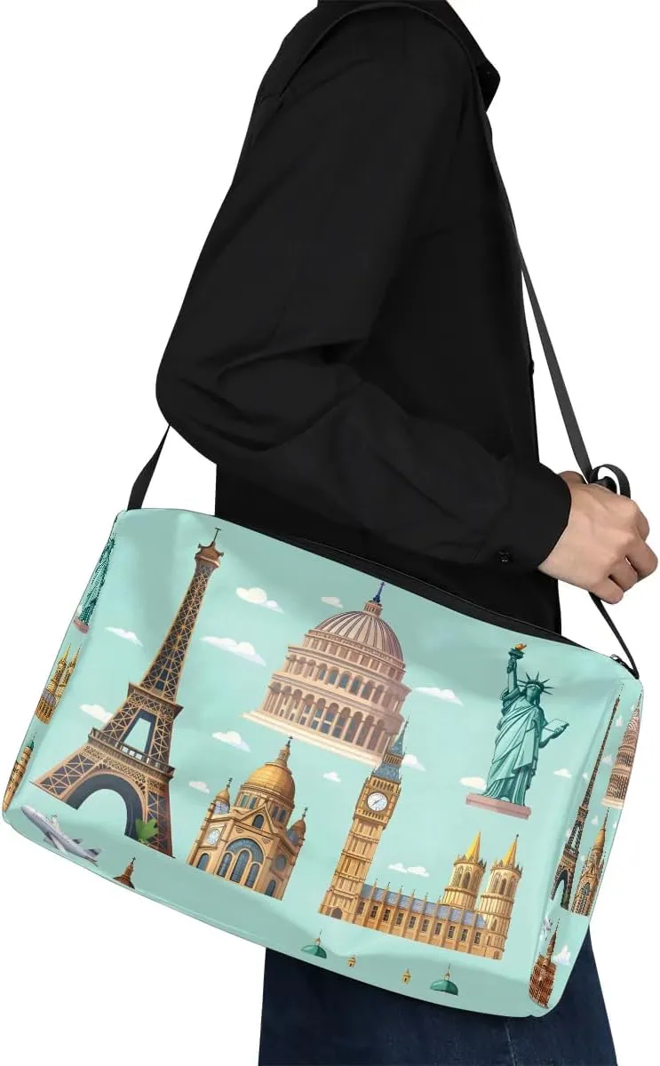 Weekend Bag City Famous Pattern Lightweight Carry On Duffel Bag Waterproof Gym Bag Pu Leather Duffle Bag for Workout Travel Sport