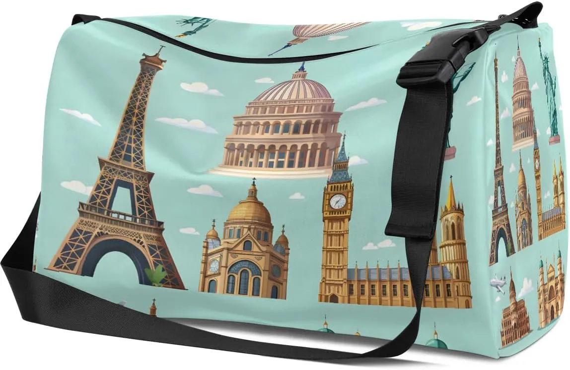 Weekend Bag City Famous Pattern Lightweight Carry On Duffel Bag Waterproof Gym Bag Pu Leather Duffle Bag for Workout Travel Sport